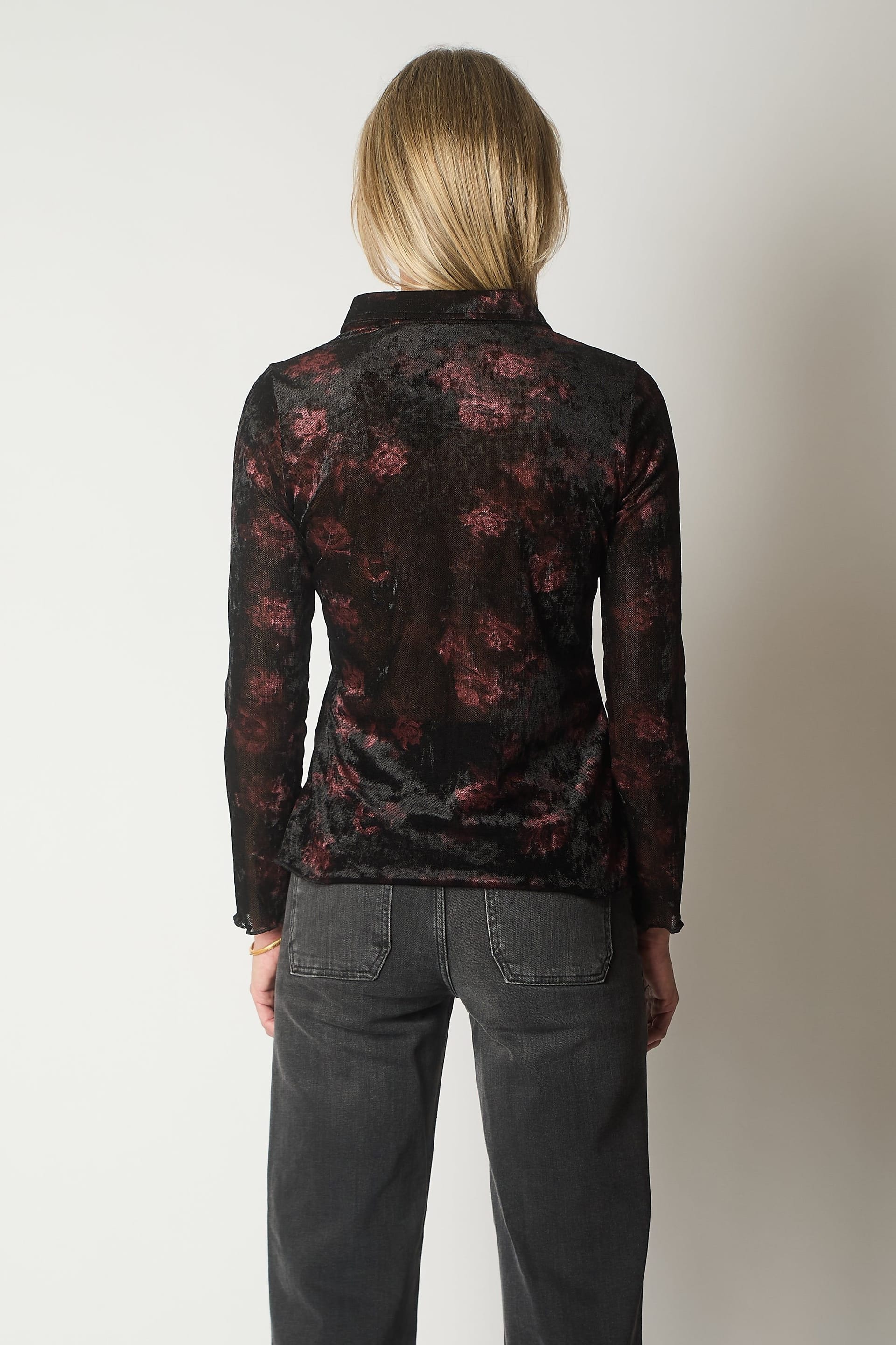 SOLO SOLO Women's Velvet-Touch Button-Up Shirt in Wine - 4