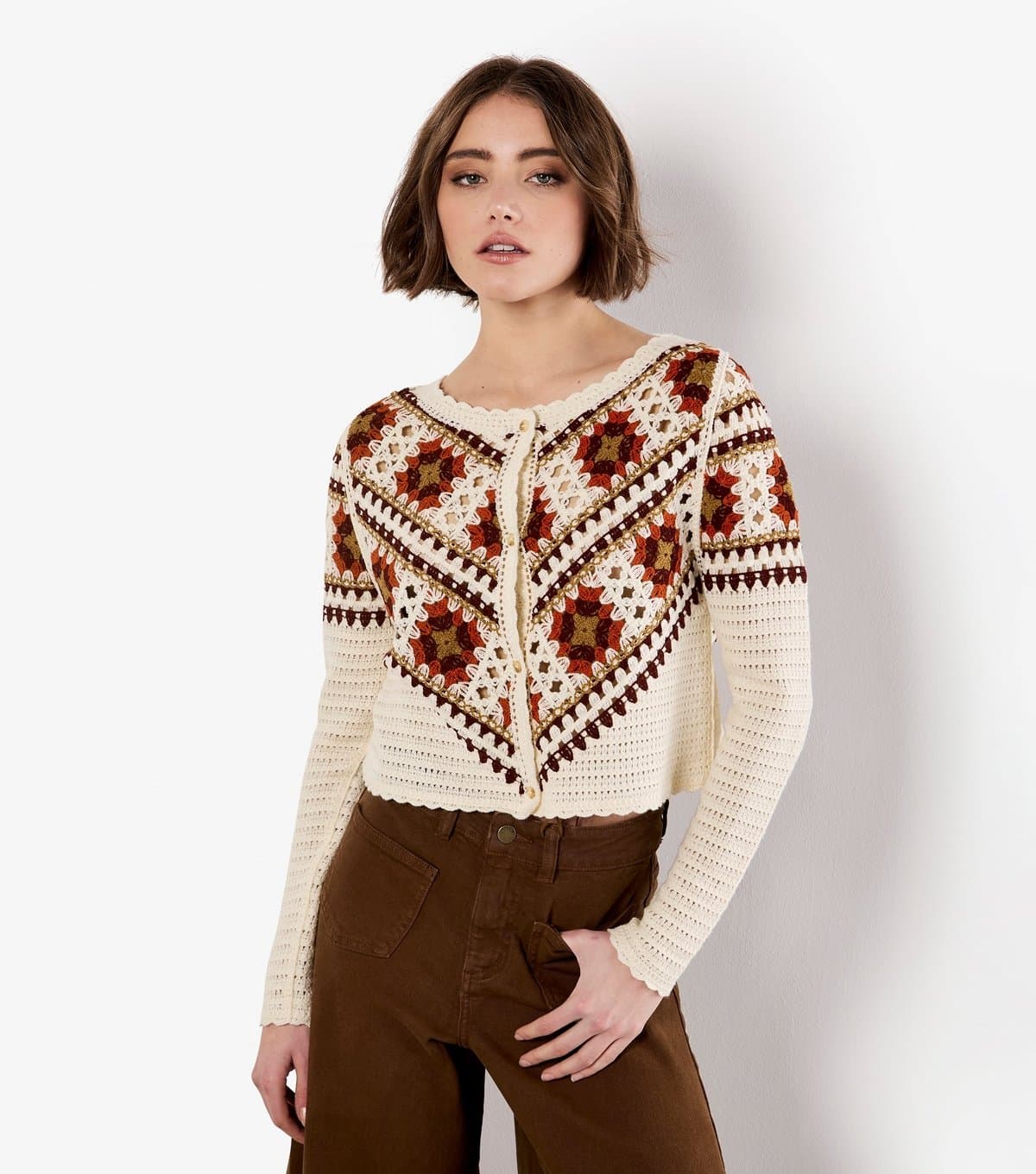 Apricot Women's Crochet Boxy Cardigan Apricot New Look