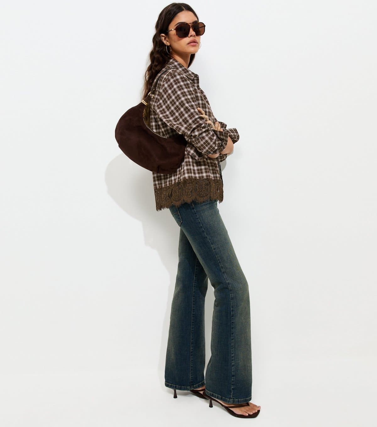 New Look Women's Brown Cotton Check Lace Trim Shirt New Look