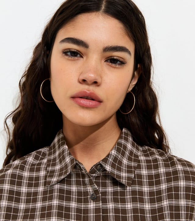 New Look Women's Brown Cotton Check Lace Trim Shirt New Look - 2