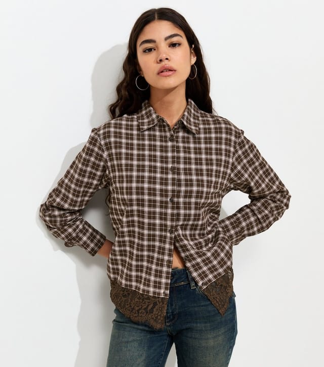 New Look Women's Brown Cotton Check Lace Trim Shirt New Look - 3