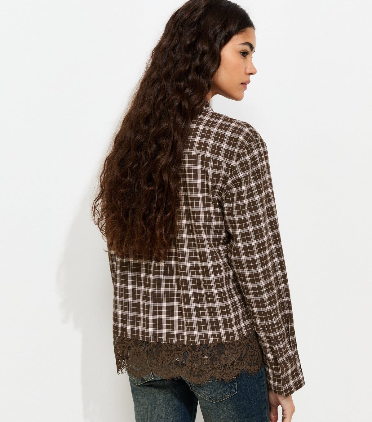 New Look Women's Brown Cotton Check Lace Trim Shirt New Look - 4