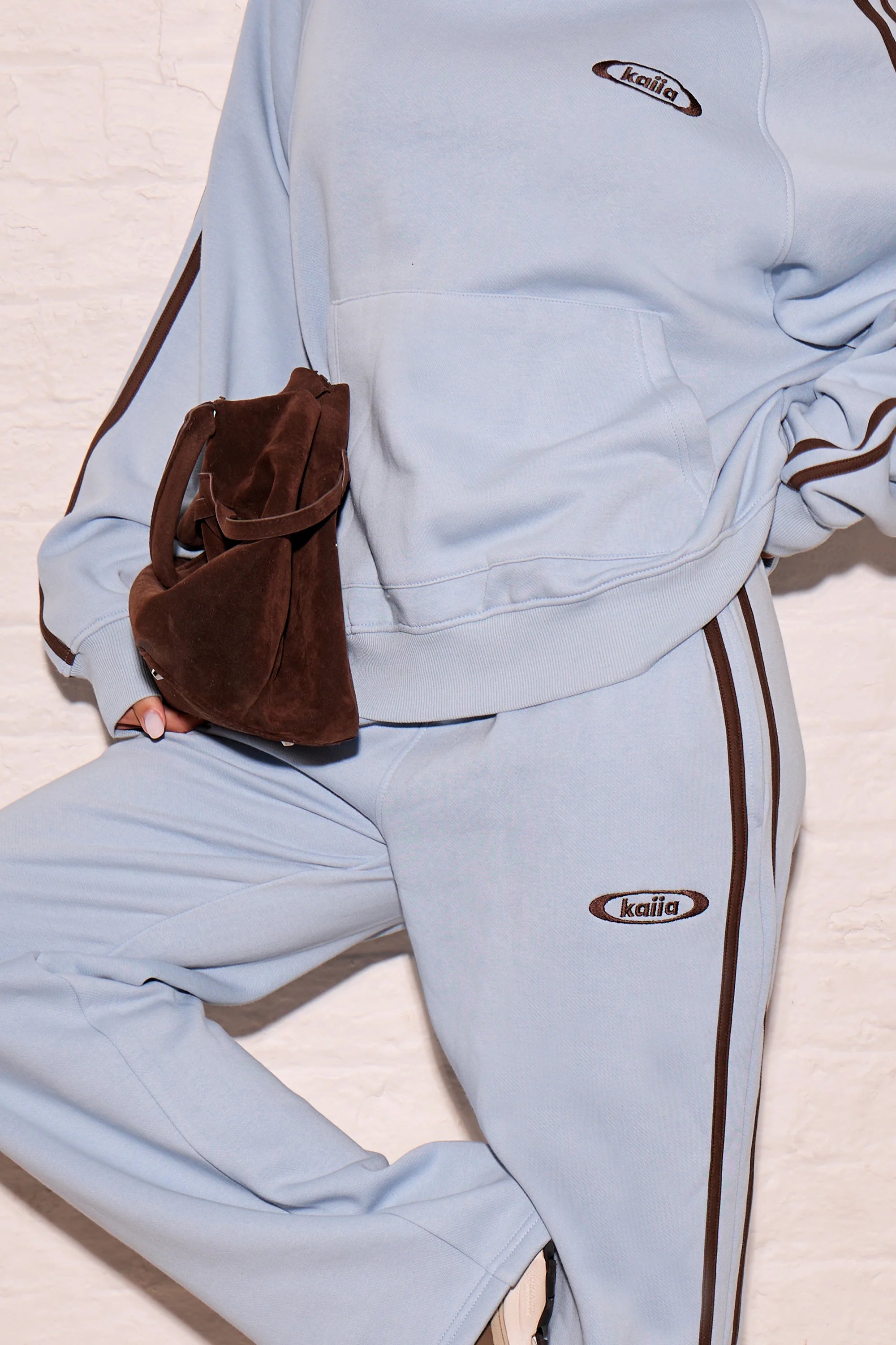 Kaiia Kaiia Logo Side Stripe Wide Leg Joggers Dusty Blue & Chestnut Brown - 2