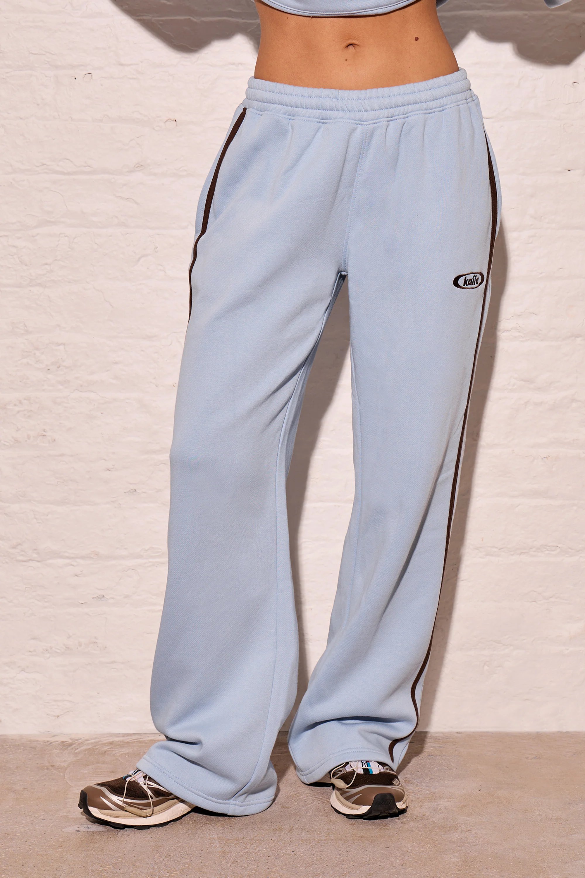 Kaiia Kaiia Logo Side Stripe Wide Leg Joggers Dusty Blue & Chestnut Brown - 3