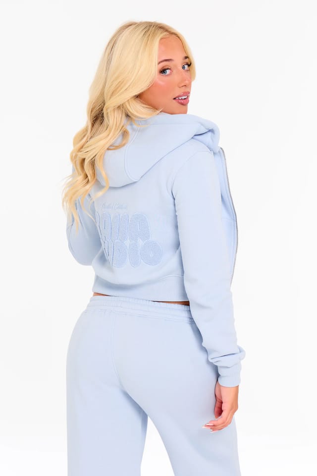 Kaiia Kaiia Studio Bubble Borg Fitted Zip Through Cropped Hoodie Baby Blue - 2