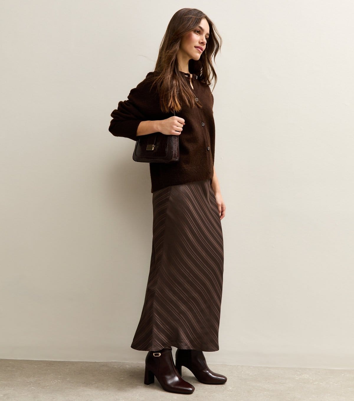 New Look Petite Dark Brown Striped Satin Midi Skirt