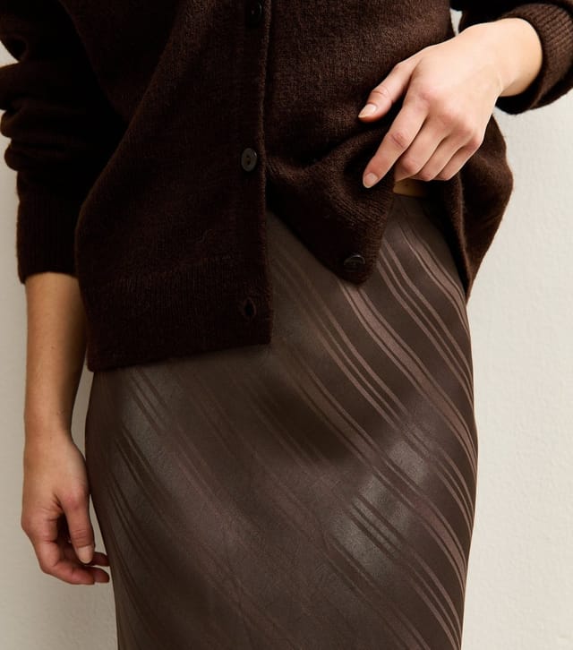 New Look Women's Petite Dark Brown Striped Satin Bias Cut Midi Skirt New Look - 2