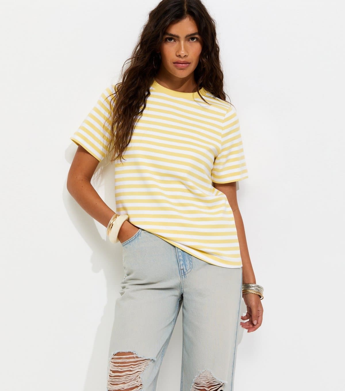 New Look New Look Light Yellow Striped Cotton T-Shirt