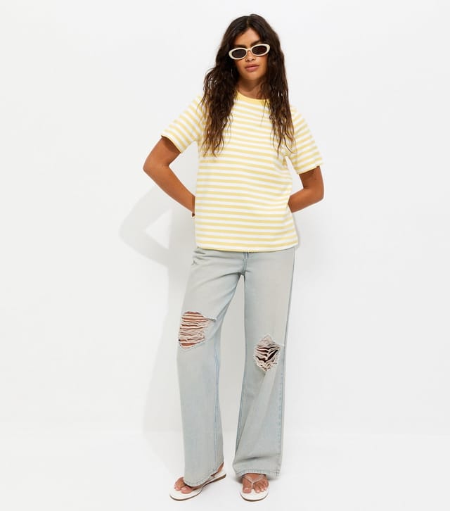 New Look Women's Premium Light Yellow Cotton Striped Relaxed T-Shirt New Look - 3