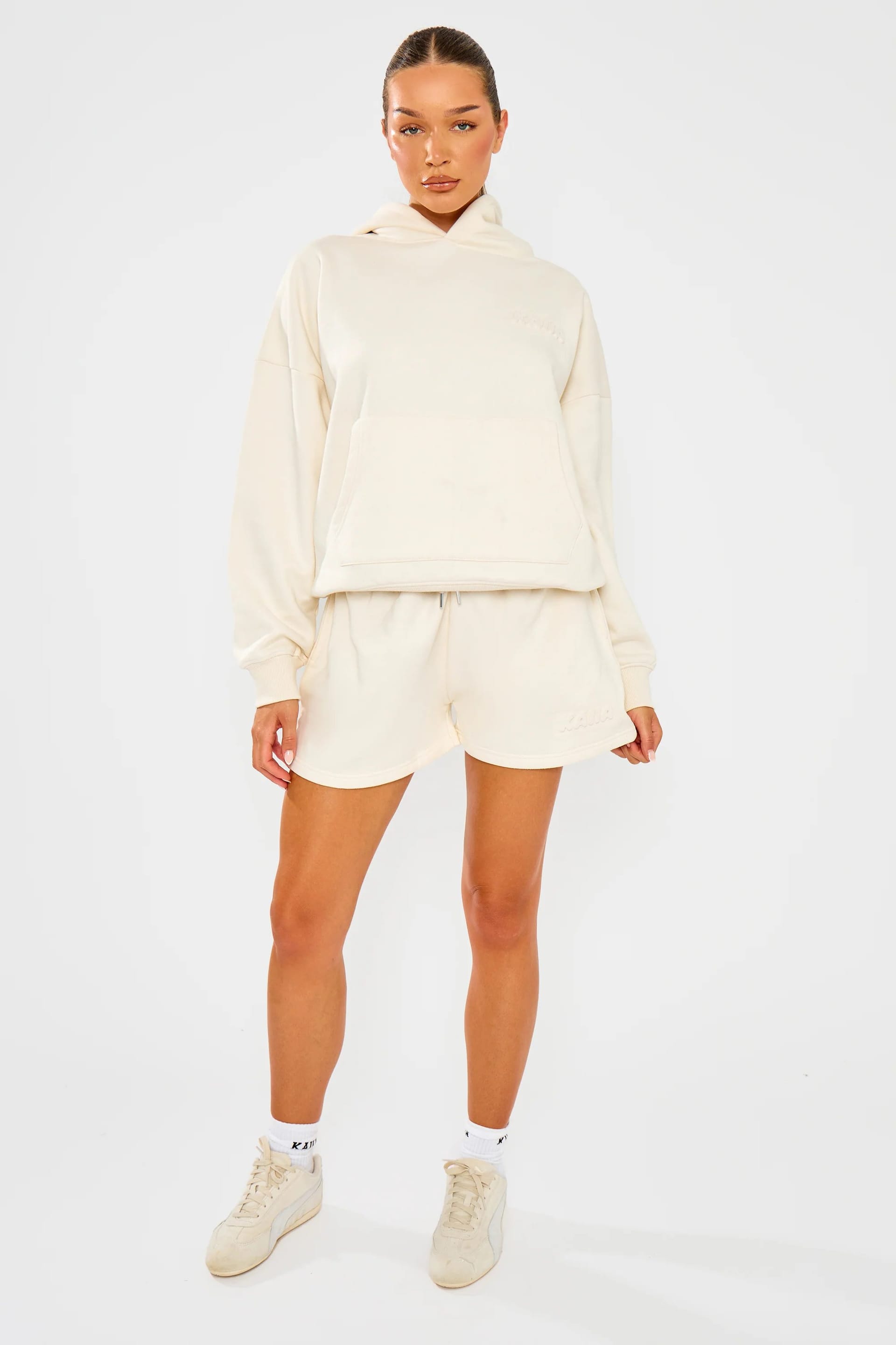 Kaiia Almond Milk Embossed Bubble Logo Mini Sweat Shorts