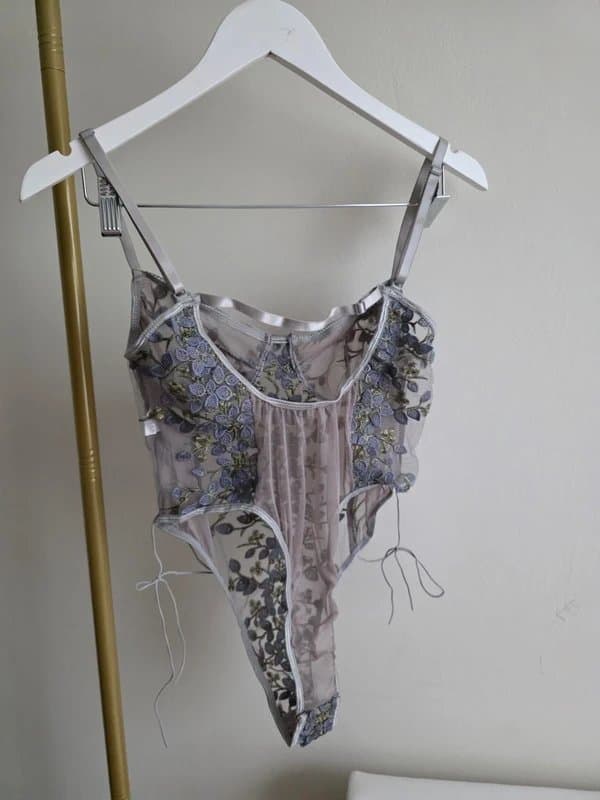 Misspap Stunning grey silver with lilac blue embroidery sheer bodysuit lingerie