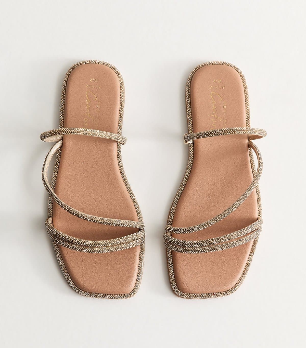 New Look Women's Wide Fit Gold Multi Strap Diamanté Embellished Sandals Vegan New Look
