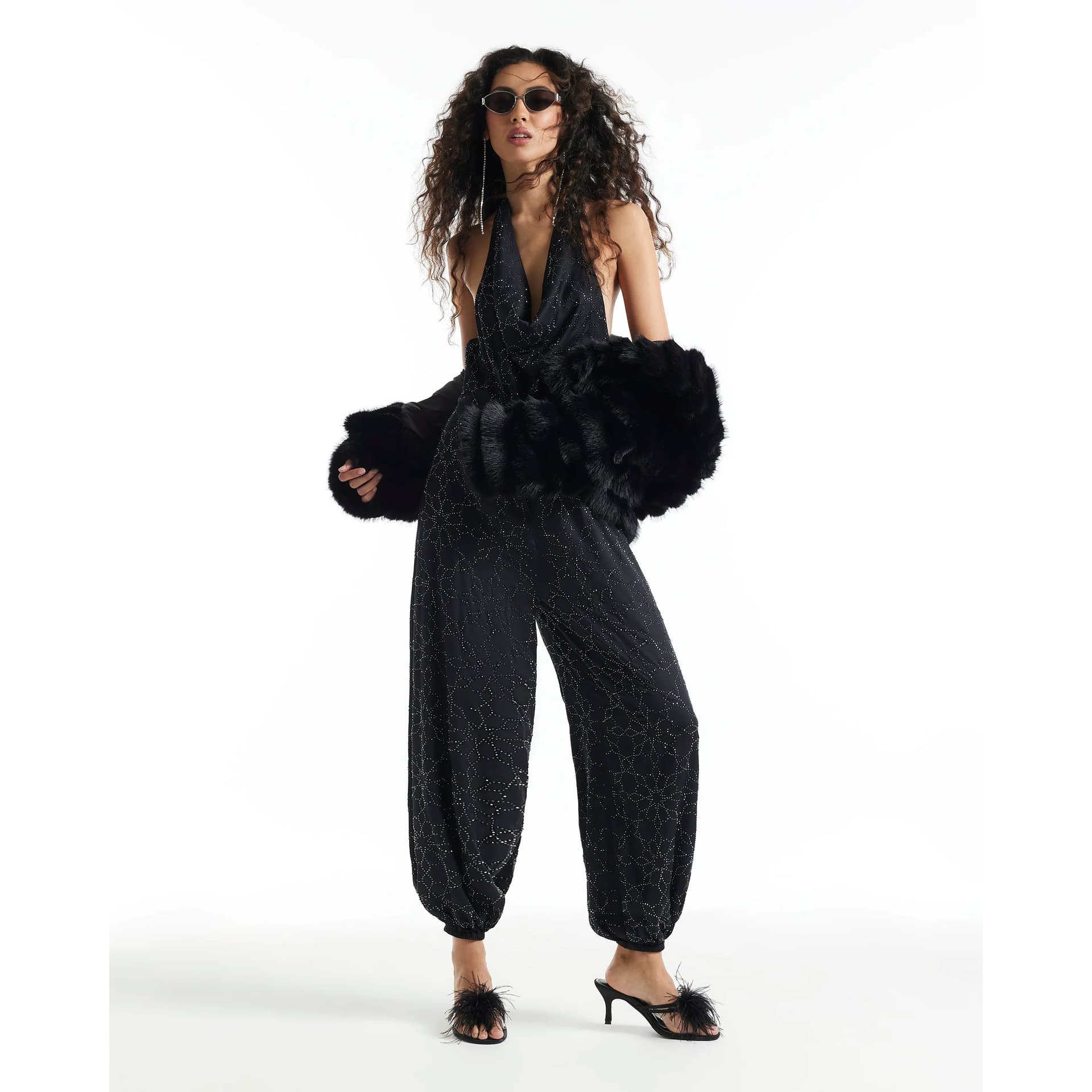 River Island River Island Womens Black Hotfix Cowl Neck Balloon Leg Jumpsuit