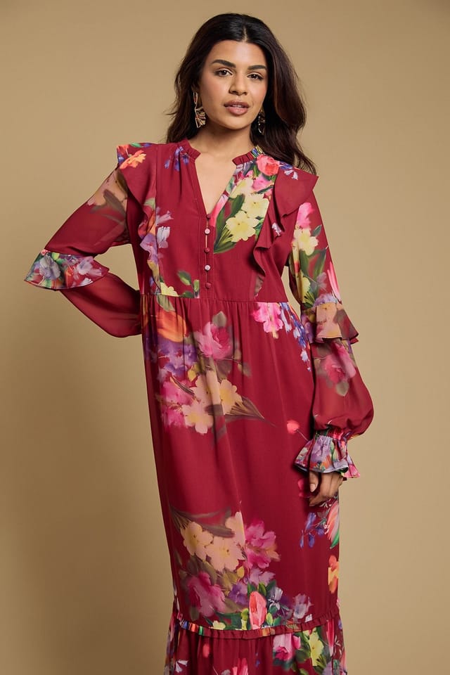 Oasis Oasis Women's Petite Long Sleeve Ruffle Chiffon Tiered Maxi Dress in Red - 2