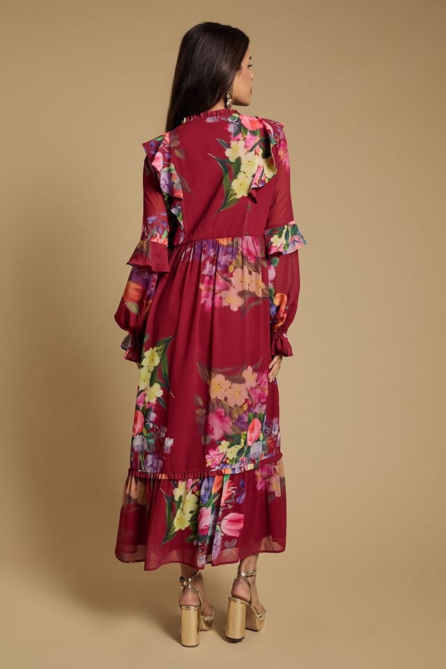 Oasis Oasis Women's Petite Long Sleeve Ruffle Chiffon Tiered Maxi Dress in Red - 3