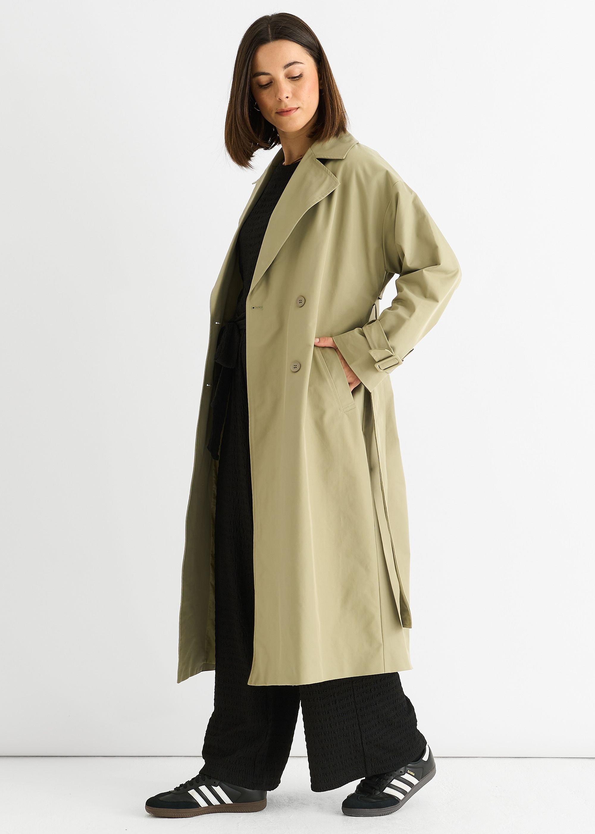 Gini London Gini London Women's Sage Green Double Breast Longline Belted Trench Coat - 4