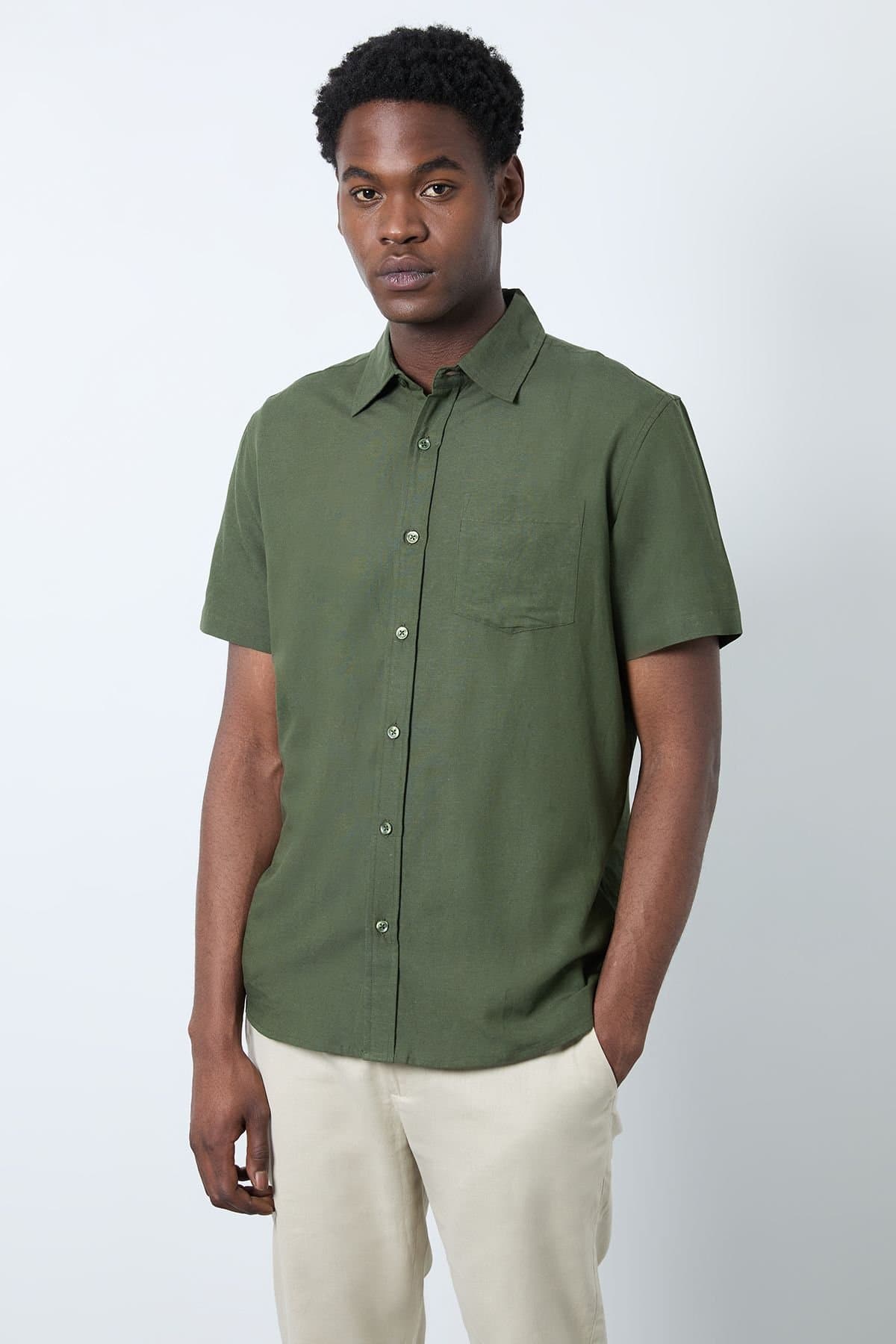 Burton Burton Men's Dark Green Linen Blend Short Sleeve Shirt