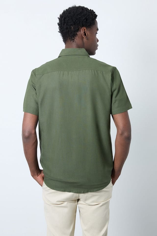 Burton Burton Men's Dark Green Linen Blend Short Sleeve Shirt - 3