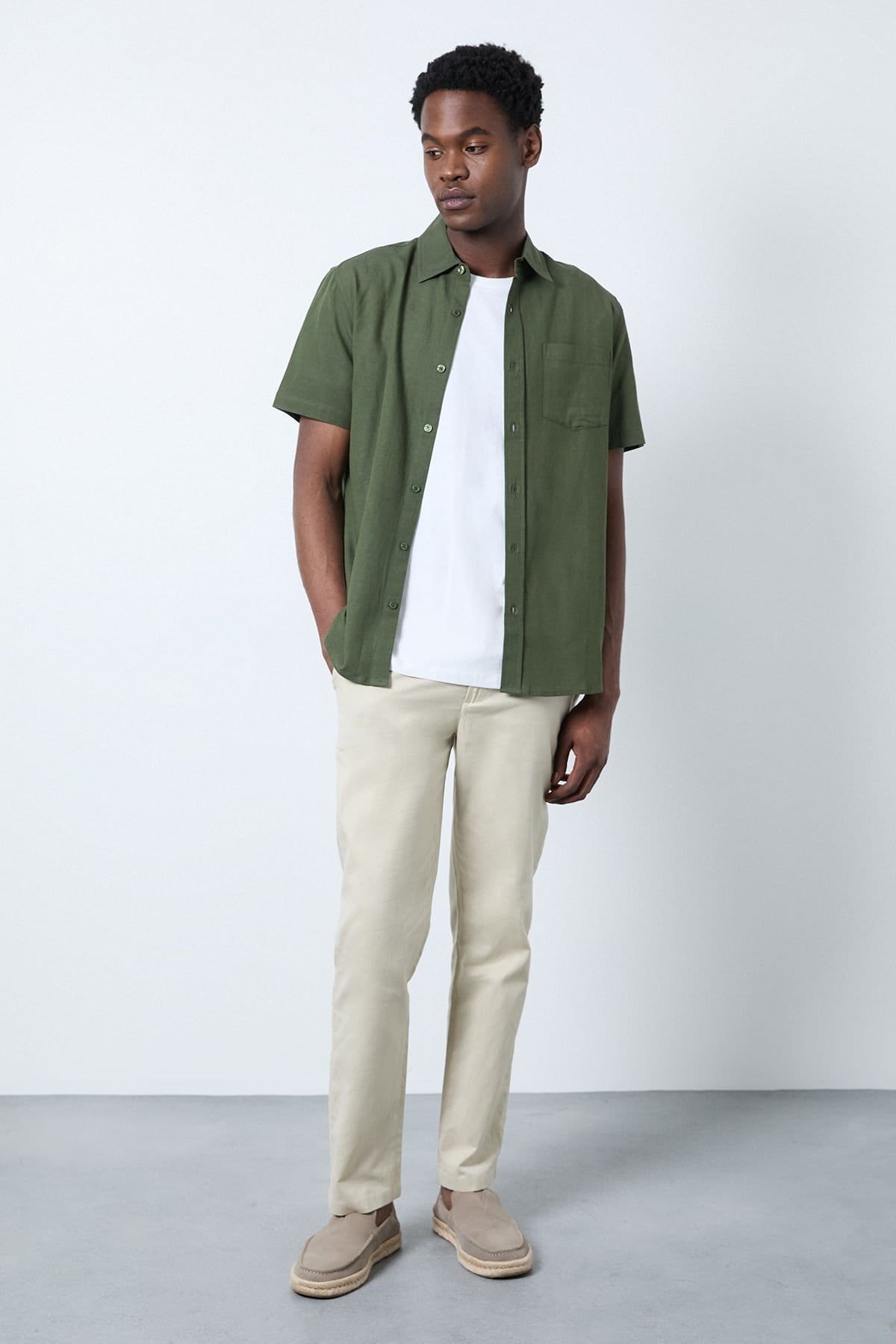 Burton Burton Men's Dark Green Linen Blend Short Sleeve Shirt - 4
