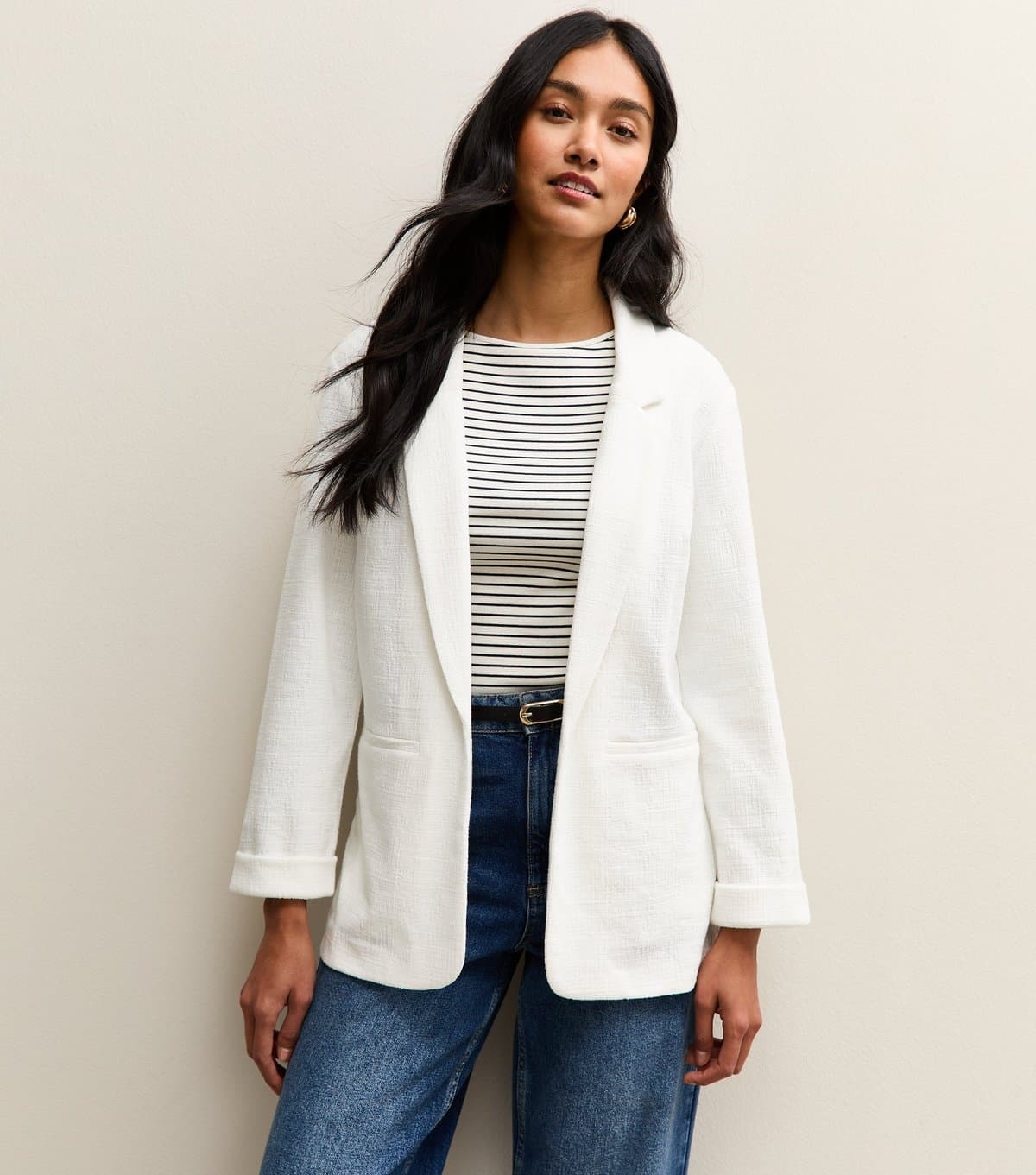 New Look Women's White Stretchy Textured Jersey Blazer New Look