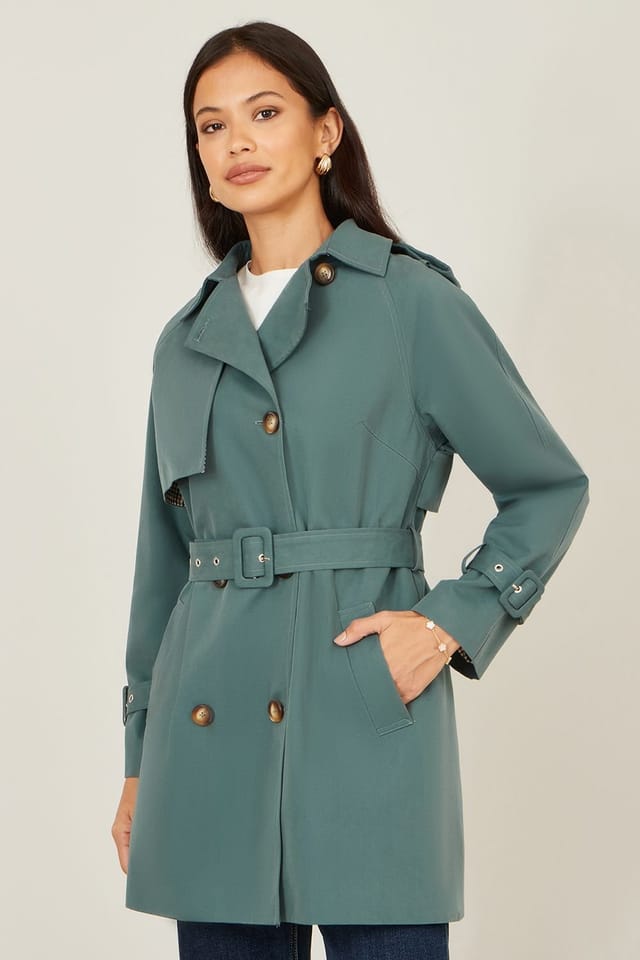 Yumi Yumi Women's Teal Belted Trench Coat With Check Lining - 2