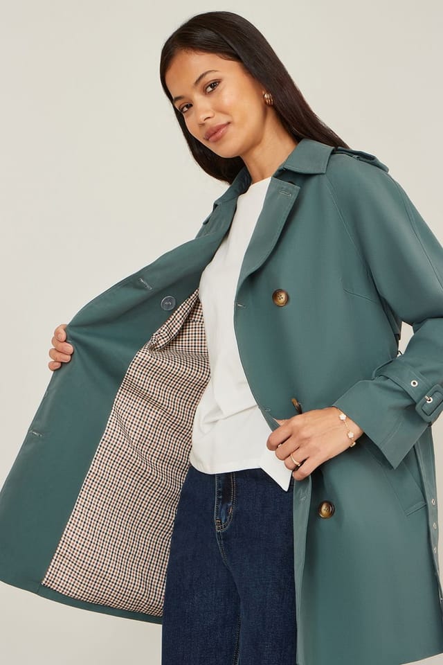 Yumi Yumi Women's Teal Belted Trench Coat With Check Lining - 3