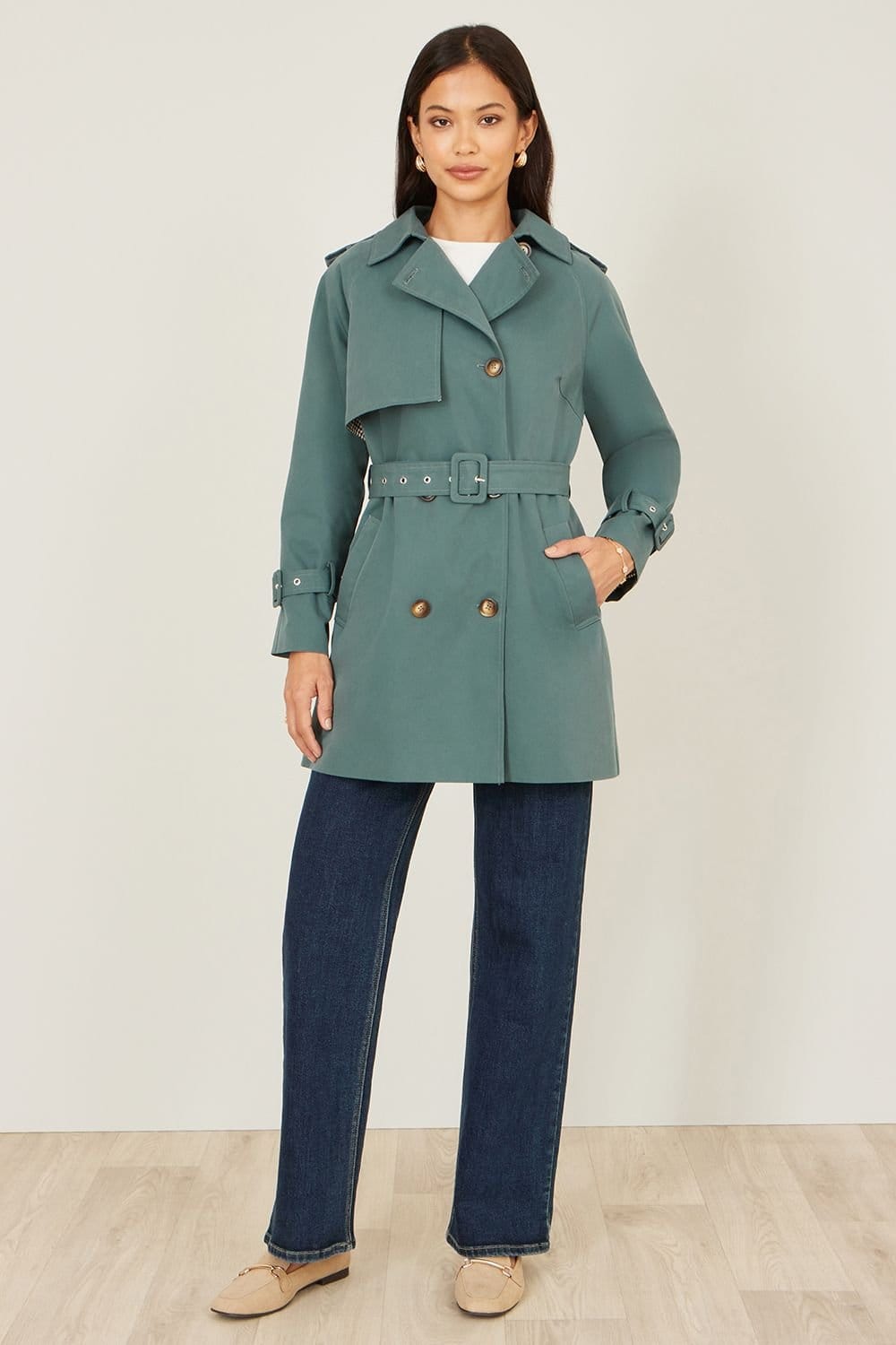 Yumi Yumi Women's Teal Belted Trench Coat With Check Lining - 4