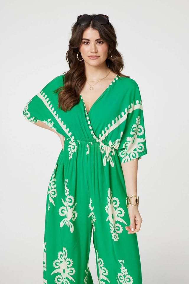 Izabel London Izabel London Women's Printed 3/4 Sleeve Jumpsuit in Green - 3