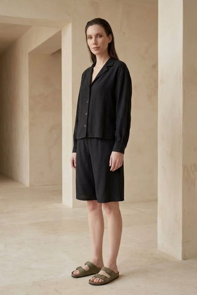 MyFashion MyFashion Women's Cotton Poplin Shirt & Shorts Set in Black - 2