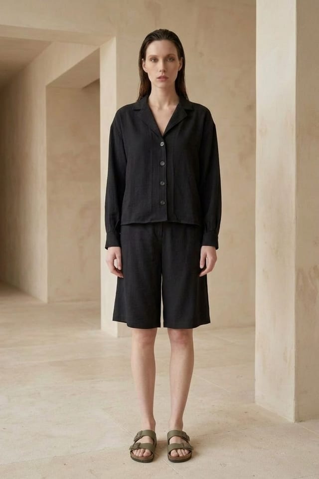 MyFashion MyFashion Women's Cotton Poplin Shirt & Shorts Set in Black - 3