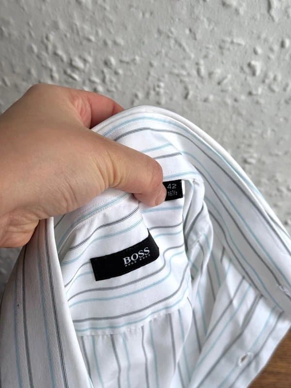 Boss BOSS Hugo Boss White Blue Striped Long Sleeve Cotton Shirt - Size Large