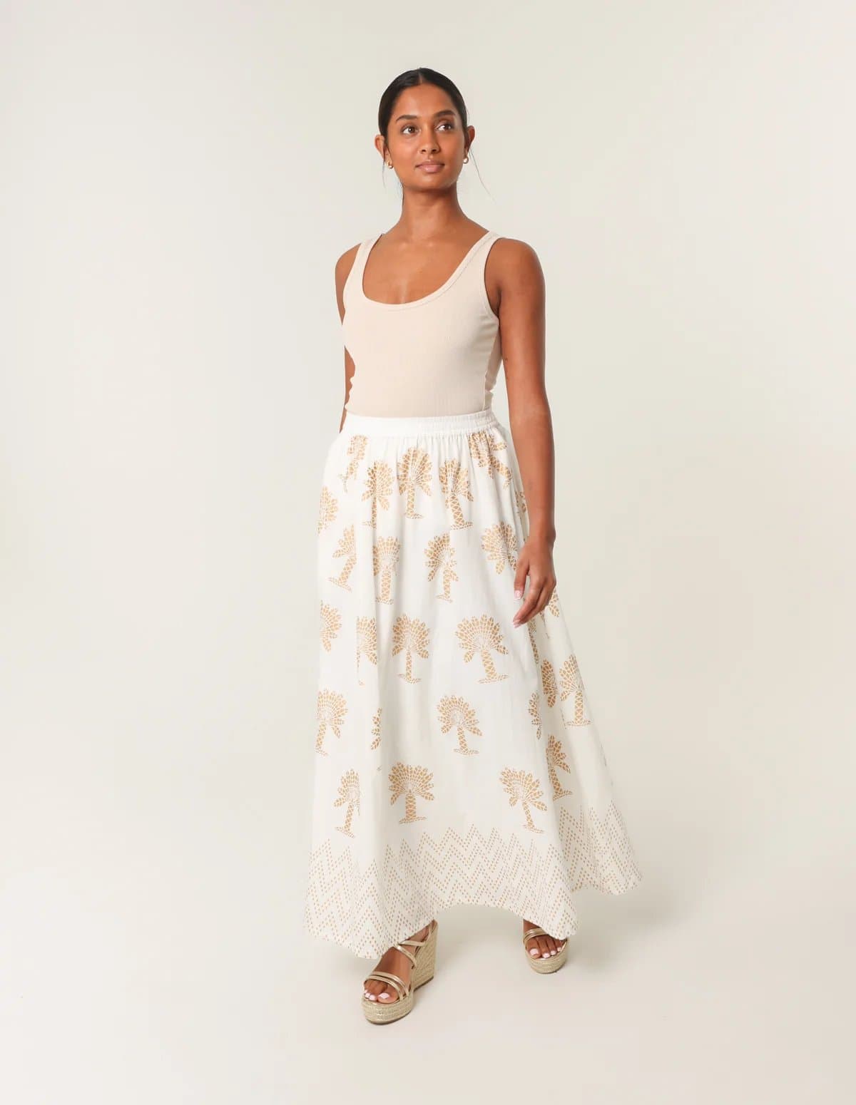 Blue Vanilla Gold Palm Print Circle Skirt