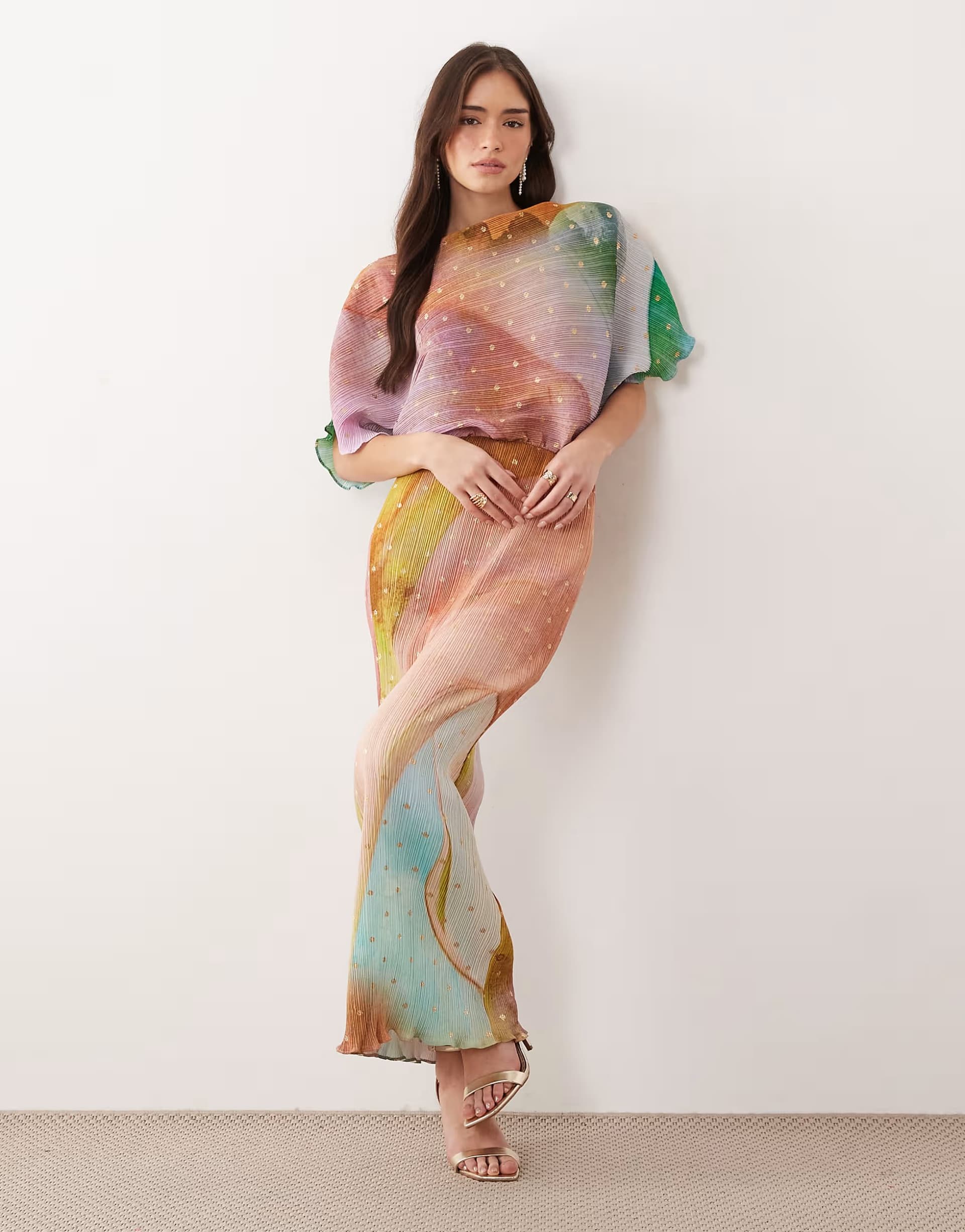 ASOS Never Fully Dressed Tilly off shoulder plisse maxi dress in abstract ombre