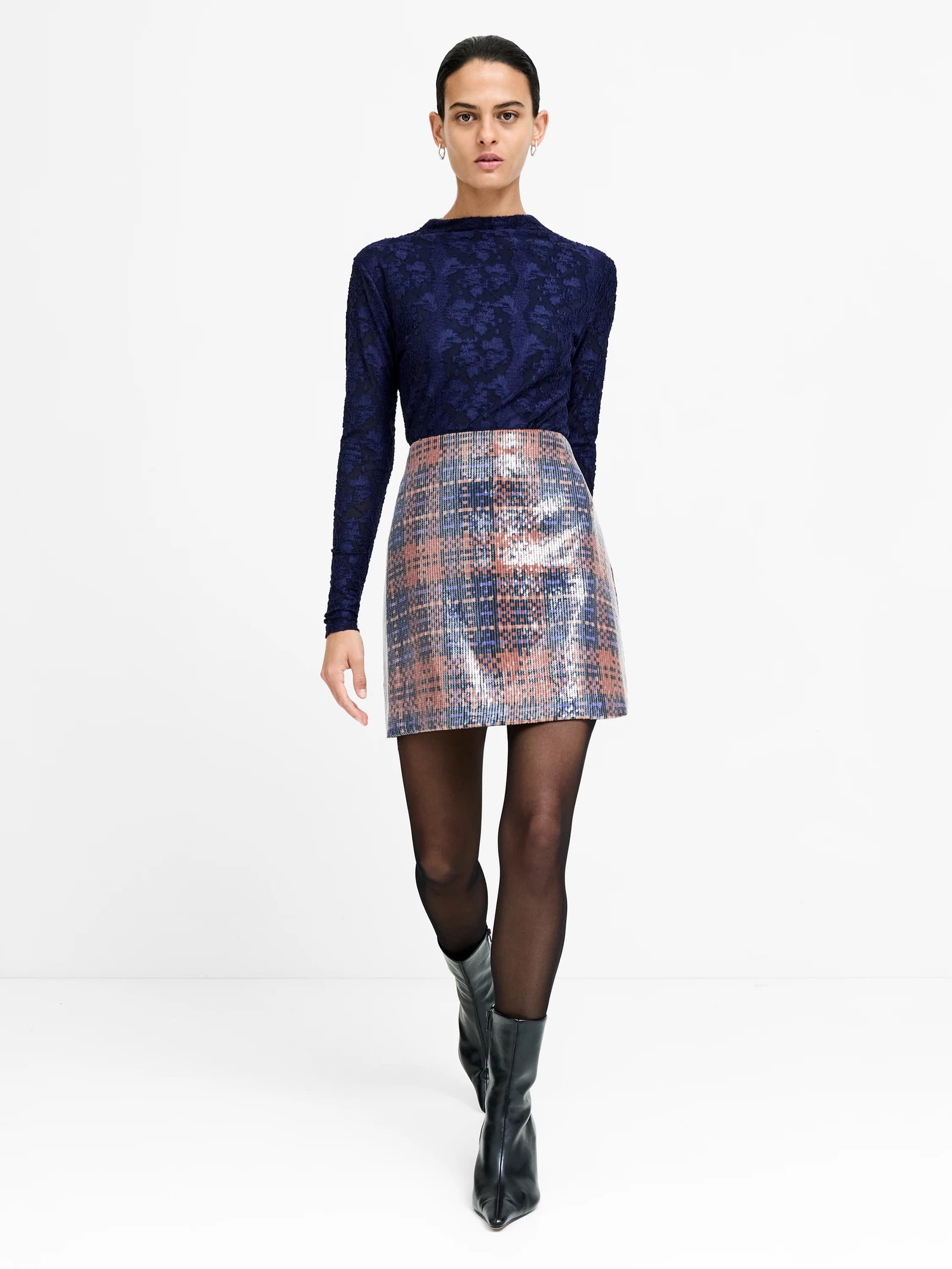 French Connection Lexi Abstract Check Sequin Mini Skirt Bronze Multi