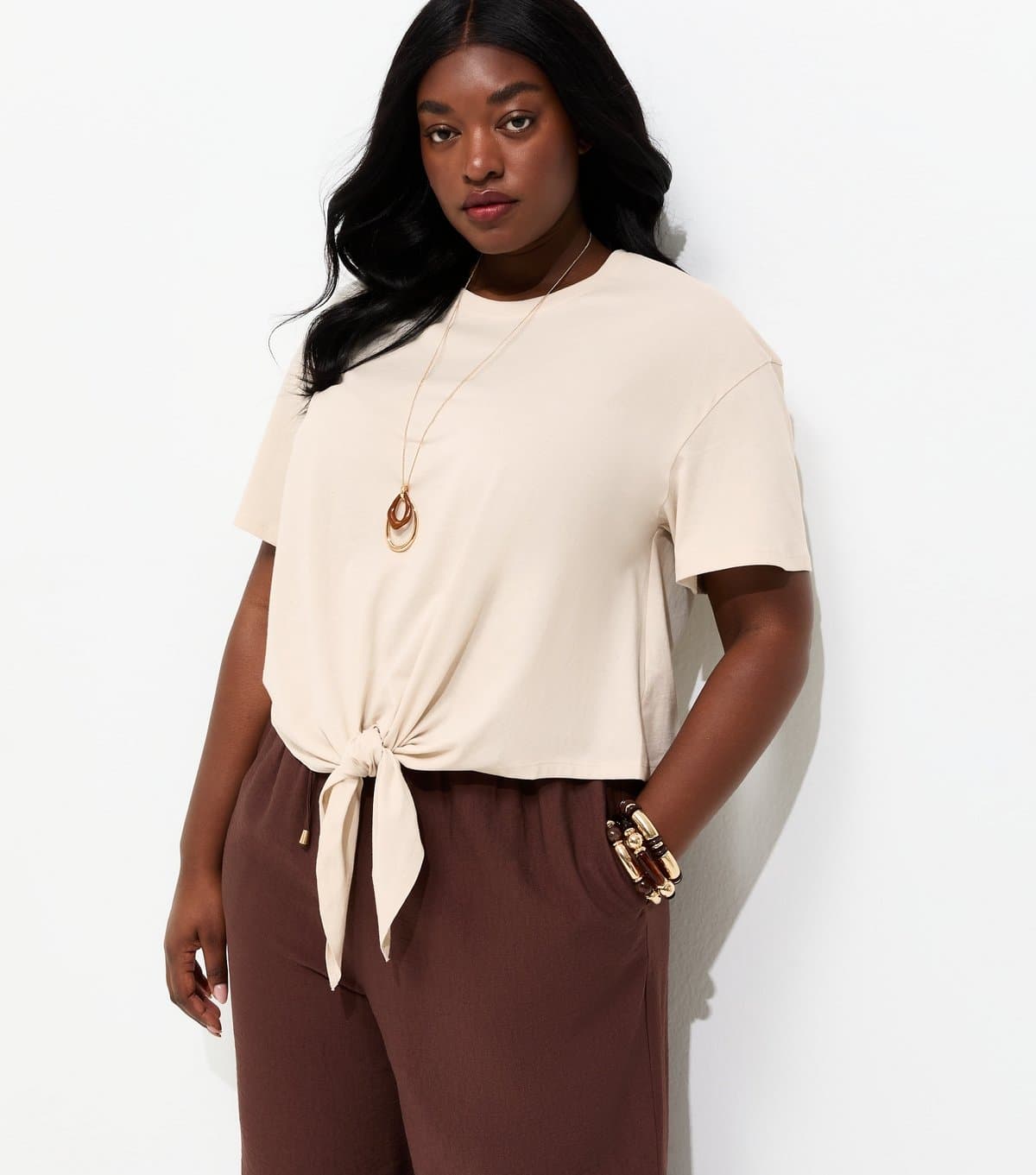 New Look Women's Plus Size Stone Tie Front T-Shirt Curves New Look