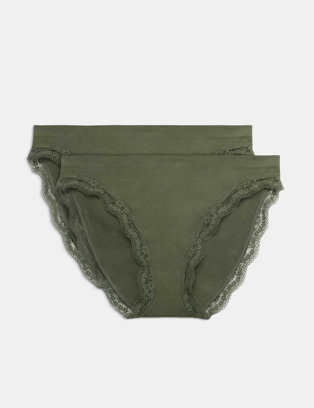 M&S 2 Pack Jasmine Lace Seamless High Leg Knickers Khaki