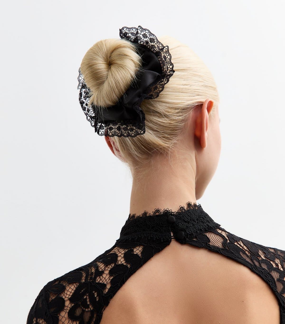 New Look Black Lace Trim Satin Scrunchie New Look