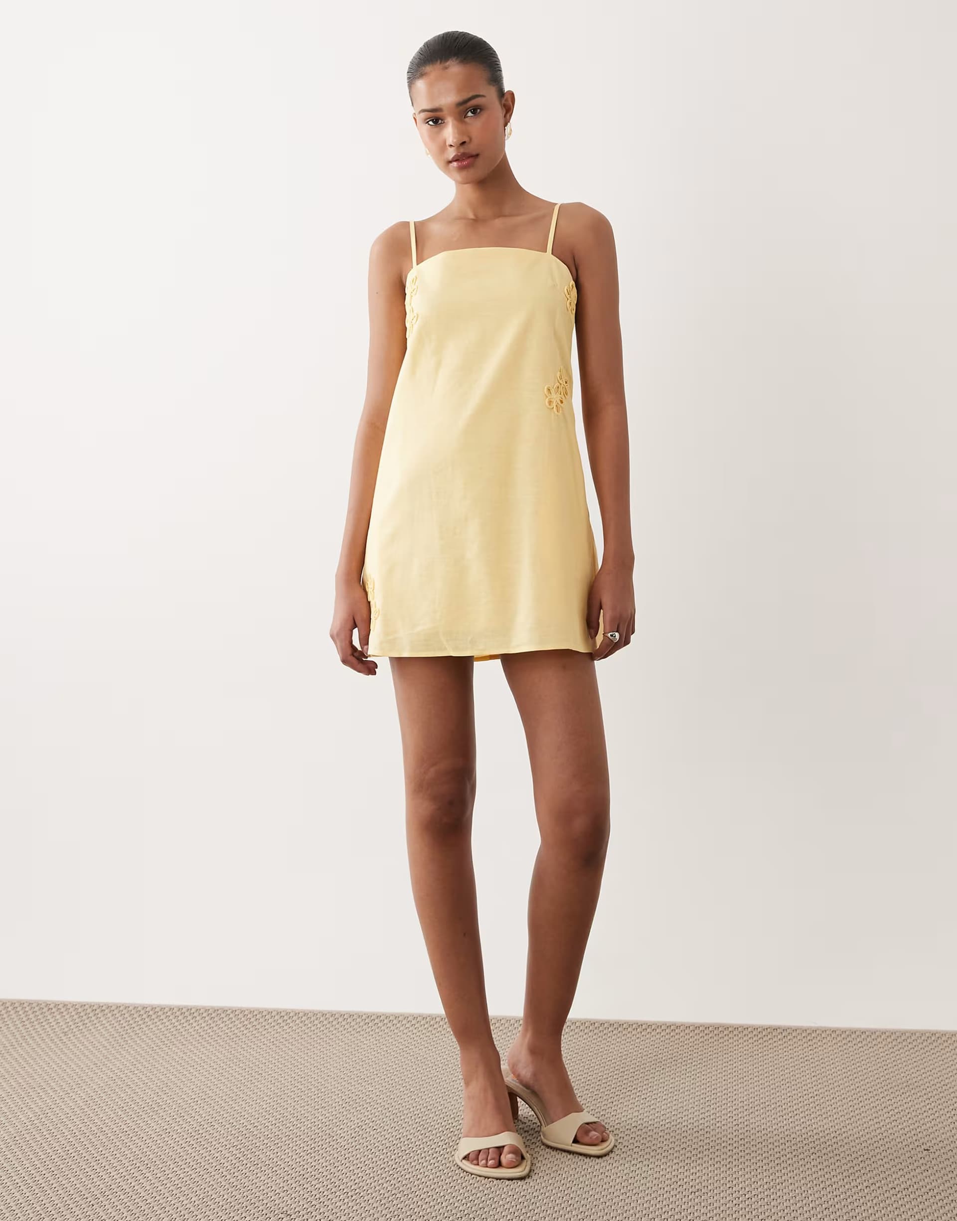 ASOS SNDYS linen blend flower applique cami strap square neck mini dress in yellow