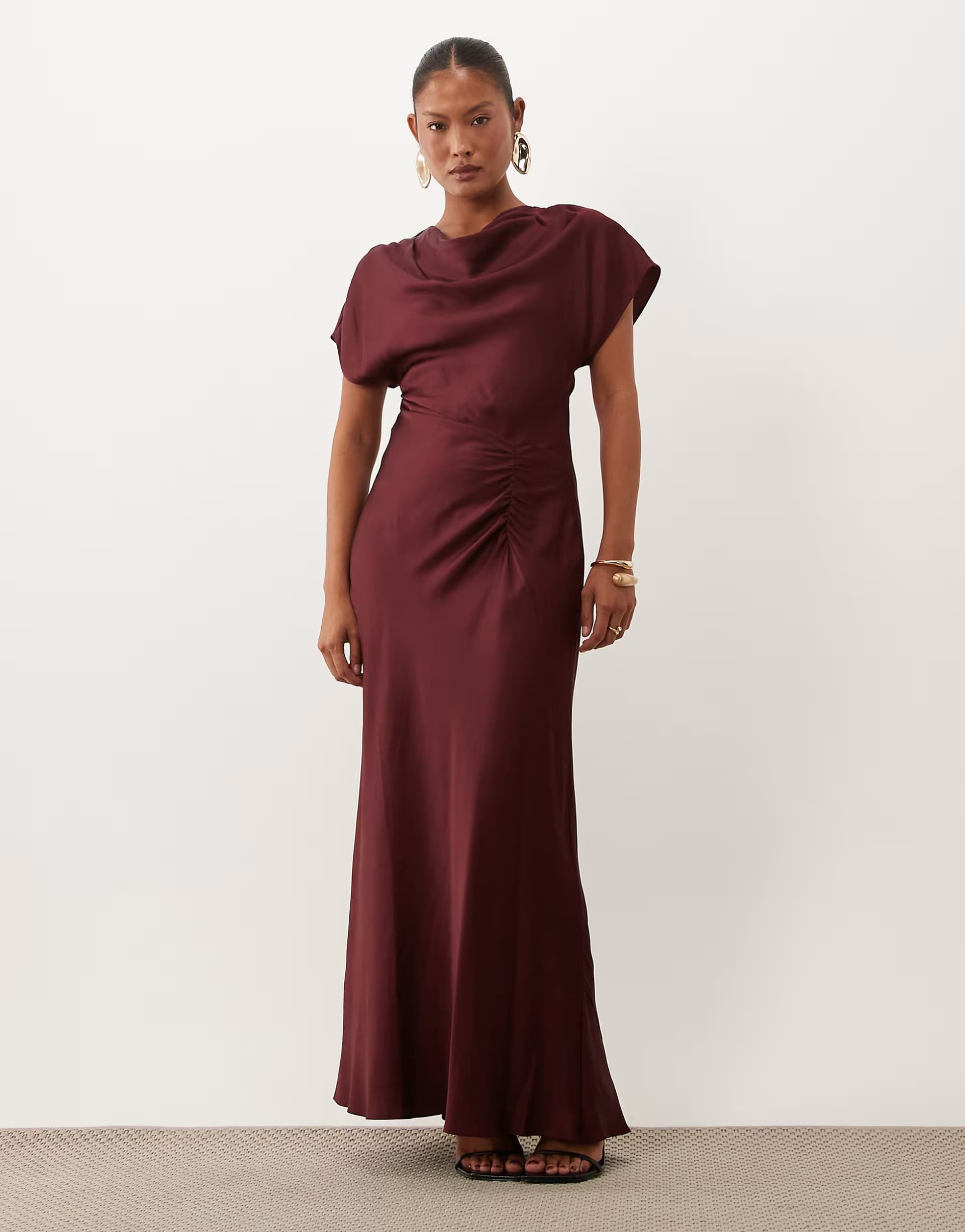 ASOS Forever New Petite satin high cowl neck tuck side detail bias maxi dress in burgundy