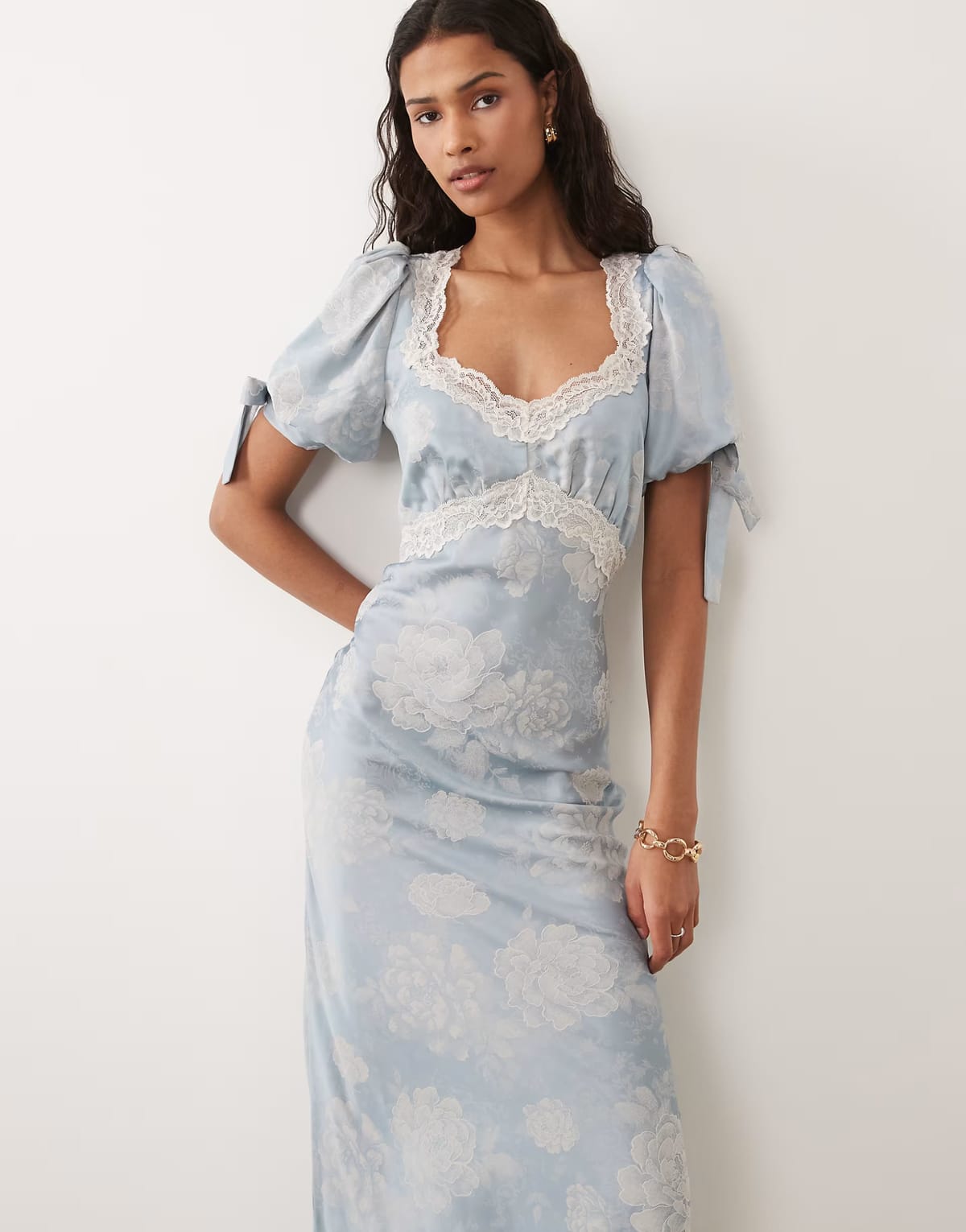 ASOS Hope & Ivy satin jacquard lace trim tie sleeve midi dress in pale blue - 1