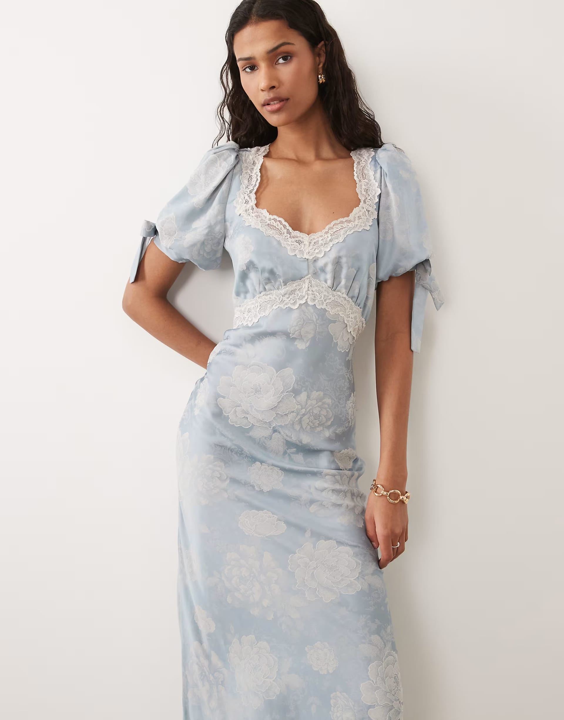 ASOS Pale Blue Satin Jacquard Lace Trim Midi Dress