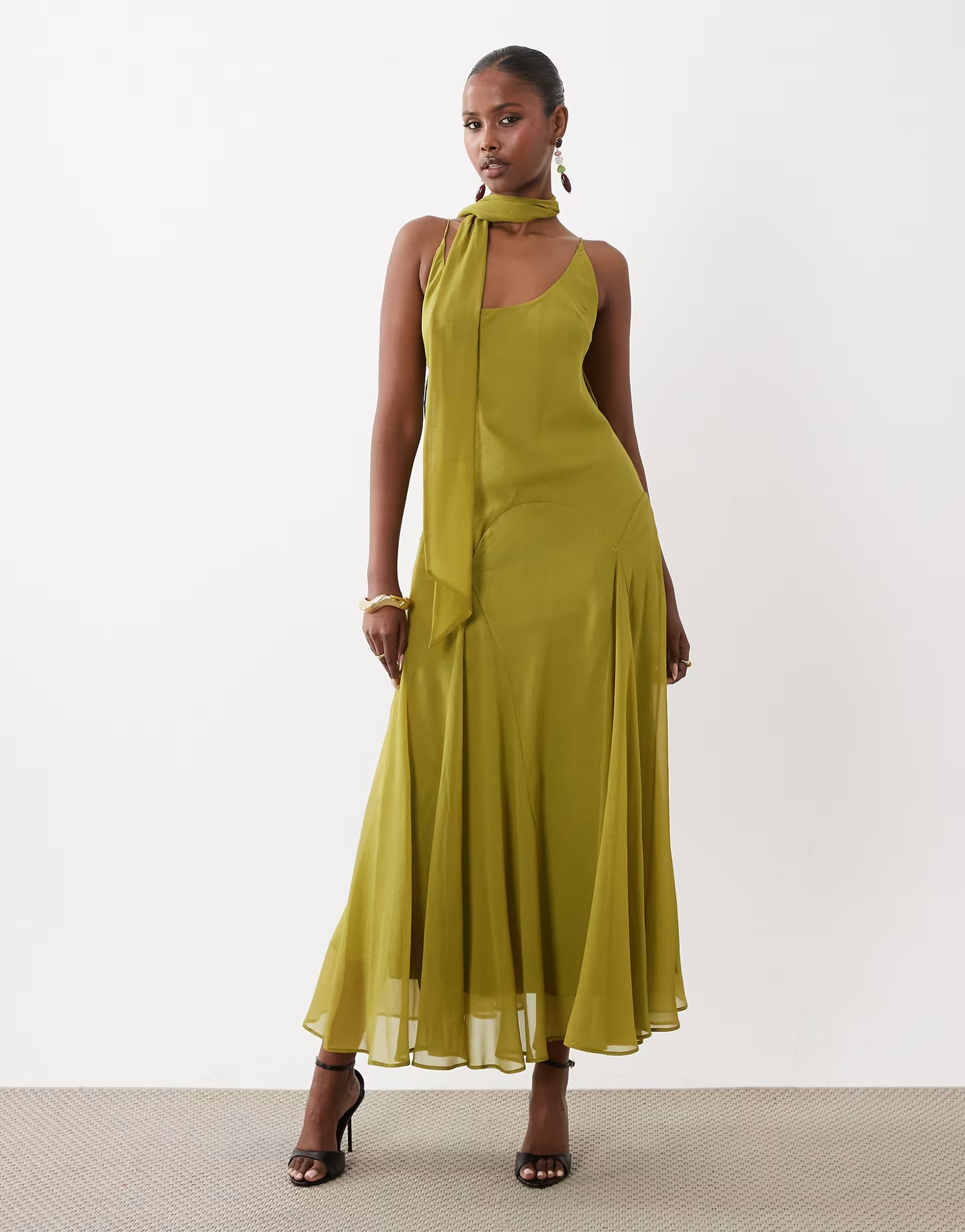 ASOS ASOS DESIGN scoop neck maxi dress with godet hem and scarf in olive green