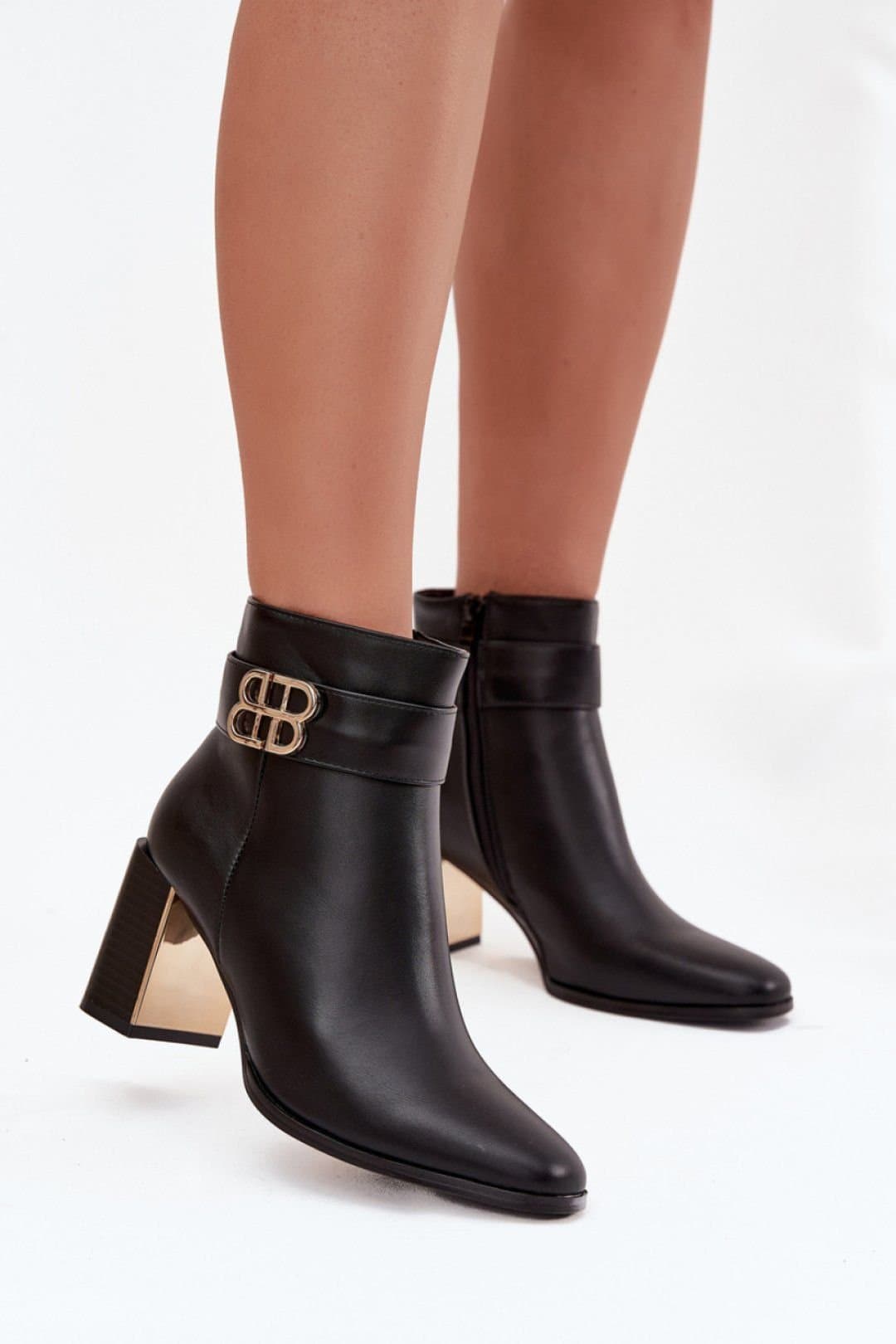 Love Lace Love Lace Women's Column Heel Ankle Boots with Golden Mirror Detail Zip Closure in Black