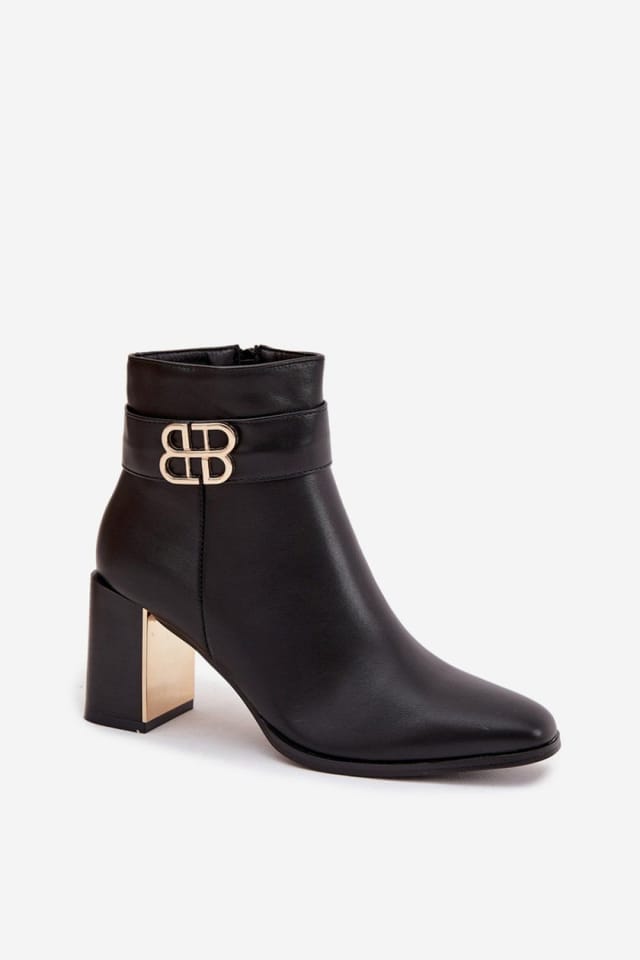 Love Lace Love Lace Women's Column Heel Ankle Boots with Golden Mirror Detail Zip Closure in Black - 2