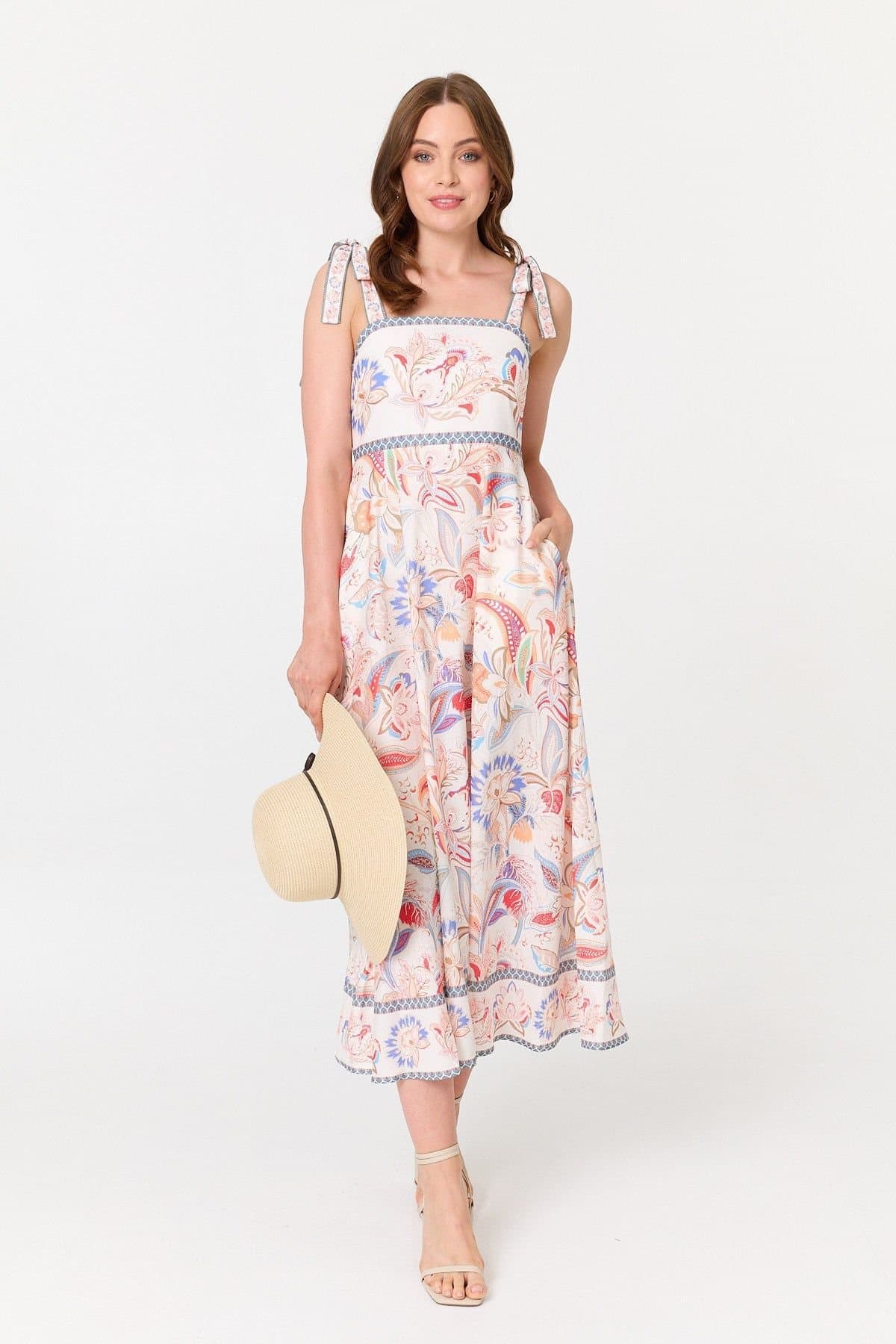 Izabel London Izabel London Women's Floral Tie Sleeveless A-Line Midi Dress in White