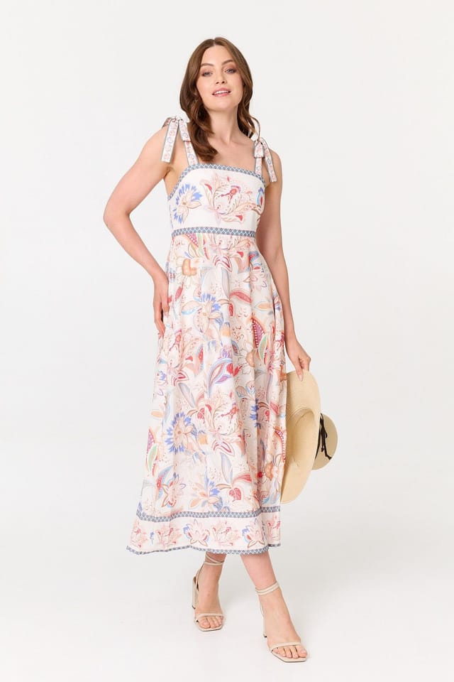 Izabel London Izabel London Women's Floral Tie Sleeveless A-Line Midi Dress in White - 2