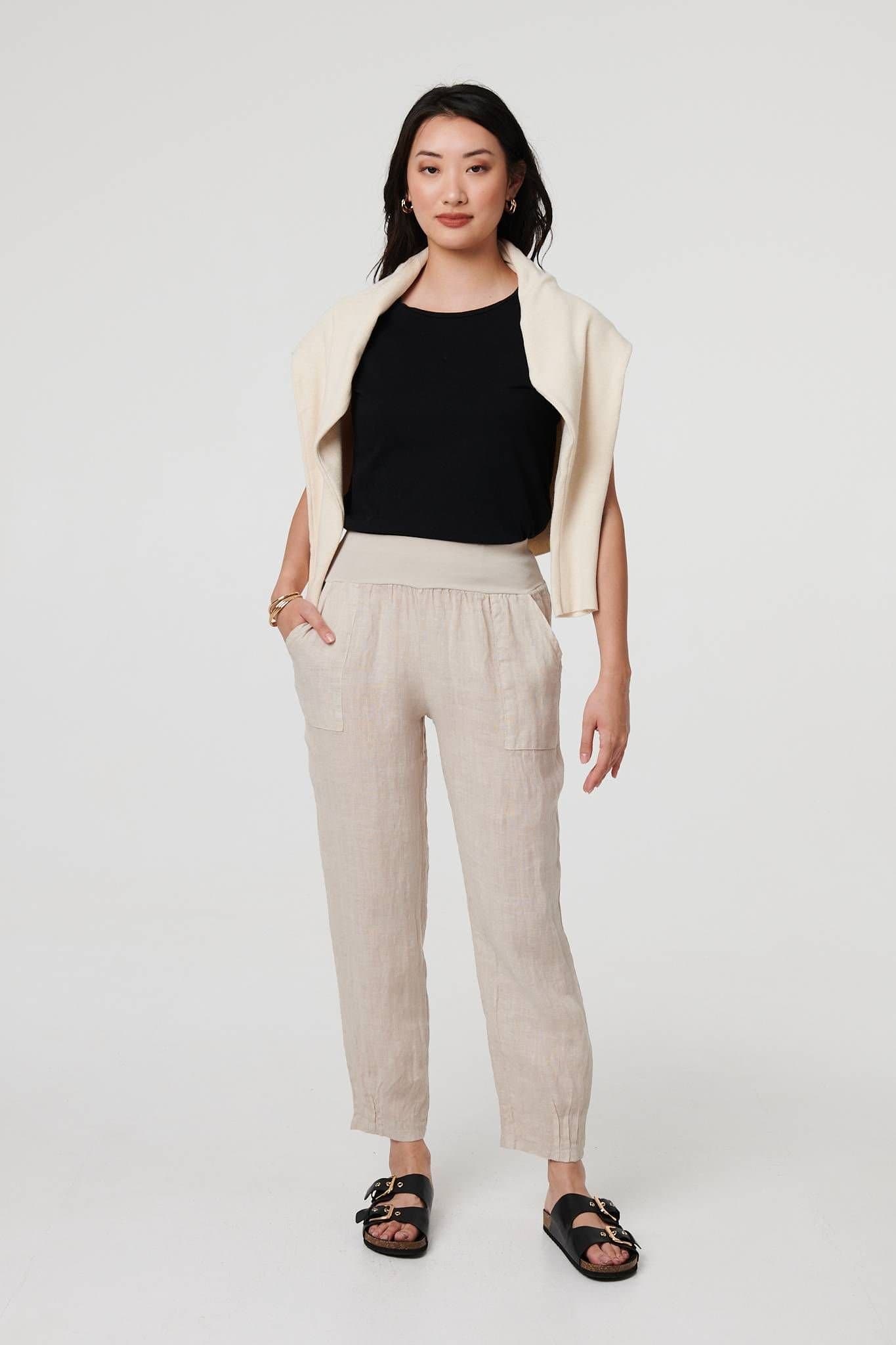 Izabel London Izabel London Women's Relaxed Linen Tapered Trousers in Taupe
