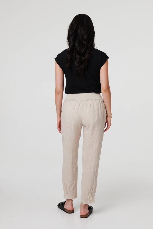Izabel London Izabel London Women's Relaxed Linen Tapered Trousers in Taupe - 3