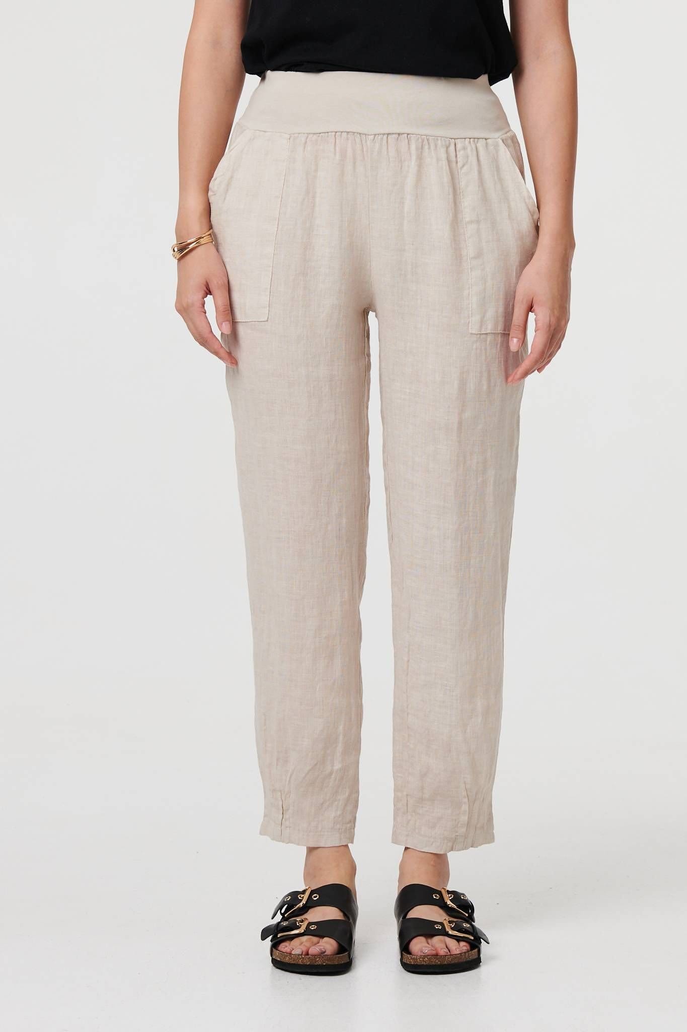 Izabel London Izabel London Women's Relaxed Linen Tapered Trousers in Taupe - 4