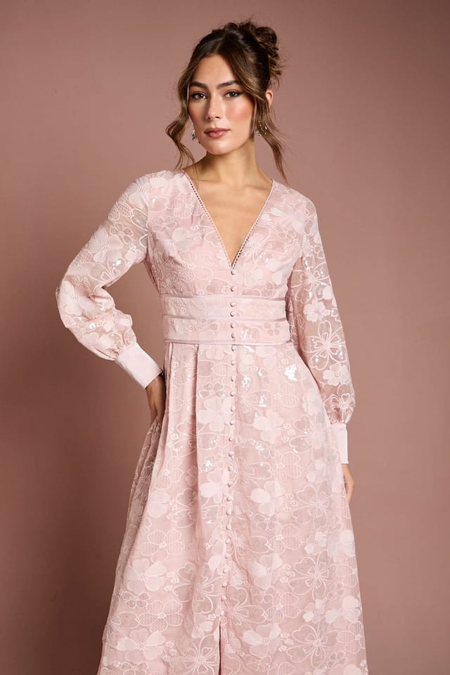 Coast Coast Women's Blouson Sleeve V Neck Sequin Floral Mesh Midaxi Dress in Blush - 2